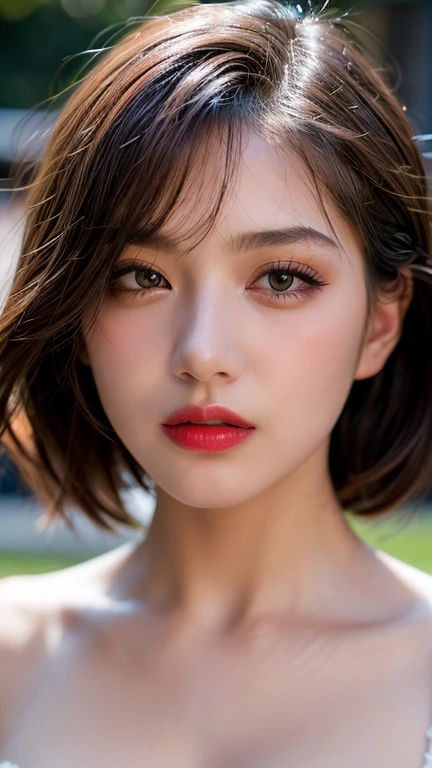  ((Near the huge summer pool)),  Real、8k、 ((Anatomically correct)), ((Perfect balance)) , 28 years old、1 female、 A close-up of her face:0.6,  Top quality soft lighting,  ((realistic perfectly round brown_eye:1.3、Big Eyes、Dripping eye)), (Light pale complexion),  ((Detailed pupils:1.4)), (Perfect Makeup:1.3), (Symmetrical lips:1.3)),(Bright shiny red_lipstick:1.35), ((Blue eyelashes: 1.17)),  (Very detailed, Beautiful little nose:1.2), (Perfect composition), ((Sunburned skin:1.28)), ((Oily skin)), ((The blackＹshirt, The blackチューブトップブラジャー) , The background is simple and blue, The gaze is directed downwards at a low angle、 (((Anatomically correct)))、（Perfect Body Proportions)、(Natural Hands、Natural Fingers、Natural Legs)