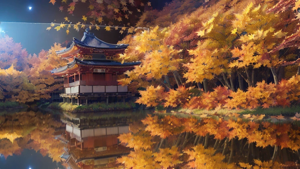 ((((night situation:1.5)))), An illustration of the scenery of Autumn leaves are drawn in a double layer by specular reflection. of Korin-in, Daitokuji Temple. At night, Very detailed, super sharp, digital illustration, place: Daitokuji Temple香林院の部屋 時間: Autumn theme: 紅葉の鏡面反射 図はDaitokuji Temple香林院内部のテーブルの上に紅葉が鏡面反射している様子を描いています. The table is located in a room with a calm atmosphere like a tea room.. The scenery of autumn leaves is clearly reflected on the table.. The scenery of autumn leaves、Daitokuji Temple境内の三門や北条など紅葉の名所から見られたと考えられています. Autumn leaves are red etc.々dyed in a different color, yellow, orange, Create an autumn atmosphere. (((In the illustration, Autumn leaves are drawn in a double layer by specular reflection.: 1.5))), It further emphasizes the beauty of autumn leaves.. In addition, Specular reflection connects the interior of the shrine grounds and the landscape, Gives a sense of depth in space. Indoor fittings such as shoji and sliding doors Light from windows Vividly expresses the colors of autumn leaves Emphasizes the beauty of autumn leaves with mirror reflections Expresses a space where the interior of the shrine grounds and the landscape are connected