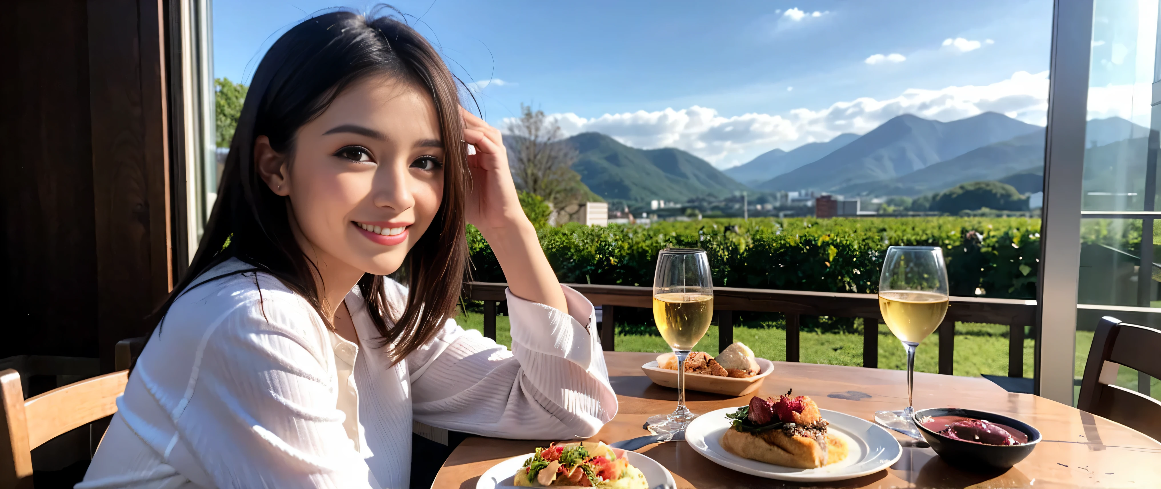 ((highest quality、8k、masterpiece:1.3))、Beautiful woman perfect body:1.4、Slim body、((Bob Hale、Straight hair:1.2))、 Ultra-high resolution, Bright image、2. The beauty of wine, Beautiful Face, blue eyes, Beautiful Eyes, The light shines on your face, Blushing your nose, short hair,Spectacular view of the sunset sky and clouds、Amazing mountain views、A bright smile、A lovely woman with a smile、bright face、Fox face、lady、Champagne、Wine bottle、wine glass、red wine 、Appetizer、Italian food、Two beauties、brown hair、Shortcuts、Long sleeve shirt、Winter Fashion、dress、Wine bottle、sparkling wine、Pretty Woman 1, (slim face), (brown hair), (Shortcuts), cheeks turn a little red, (36 years old), 39 years old, charming beauty、restaurant, Nova Frog Style, actress, model, Upper Body, White wine, slim, wine glass, wine glass placed in the middle, smile, (smile: 1.15), Beautiful Eyes, Strong light and shadow,Moist Body:1.5、Delicate eyes、brown hair、The hair is very shiny、