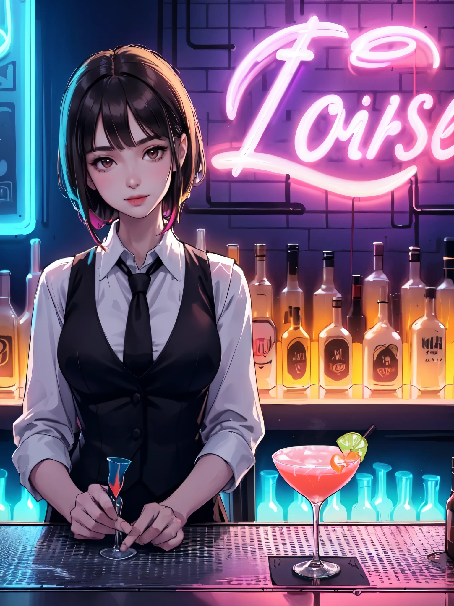 1lady solo, standing, bartender, (black vest over white dress shirt) tie, stylish outfit, mature female, /(dark brown hair/), (light smile:0.6), (masterpiece best quality:1.2) delicate illustration ultra-detailed, medium breasts BREAK ((colorful neon signs:1.2 on wall), (neon tube) glowing BREAK (fashionable bar counter) indoors, ((cocktail glass) filled with colorful liquor), (dimly lit room), liquor bottles, detailed background