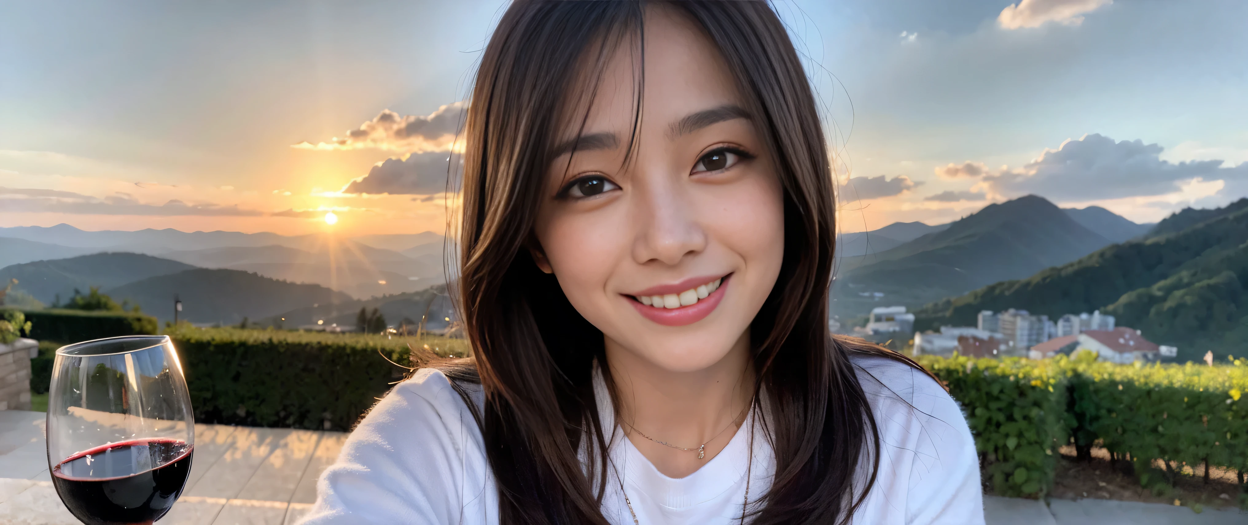 ((highest quality、8k、masterpiece:1.3))、Beautiful woman perfect body:1.4、Slim body、((Bob Hale、Straight hair:1.2))、 Ultra-high resolution, Bright image、2. The beauty of wine, Beautiful Face, blue eyes, Beautiful Eyes, The light shines on your face, Blushing your nose, short hair,Spectacular view of the sunset sky and clouds、Amazing mountain views、A bright smile、A lovely woman with a smile、bright face、Fox face、lady、Champagne、Wine bottle、wine glass、red wine 、Appetizer、Italian food、Two beauties、brown hair、Shortcuts、Long sleeve shirt、Winter Fashion、dress、Wine bottle、sparkling wine、Pretty Woman 1, (slim face), (brown hair), (Shortcuts), cheeks turn a little red, (36 years old), 39 years old, charming beauty、restaurant, Nova Frog Style, actress, model, Upper Body, White wine, slim, wine glass, wine glass placed in the middle, smile, (smile: 1.15), Beautiful Eyes, Strong light and shadow,Moist Body:1.5、Delicate eyes、brown hair、The hair is very shiny、