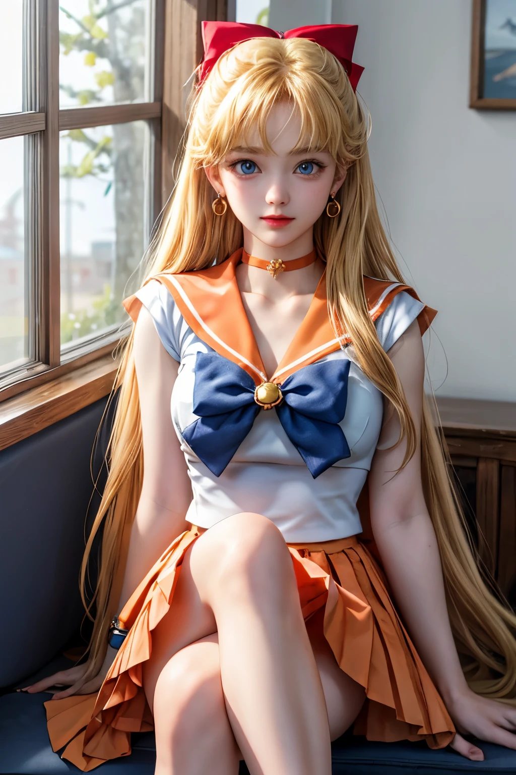 masterpiece, highest quality, High resolution, Venus 1, One girl, alone, Sailor Warrior Uniforms, Sailor Venus, aino minako, Blonde, Magical girl, blue eyes, Orange Skirt, Elbow hand pockets, tiara, Pleated skirt, hair bow, Orange sailor collar, mini skirt, choker, red bow, orange choker, White gloves, Very long hair,  jewelry,  Earrings, Sitting, Crossing your legs,
