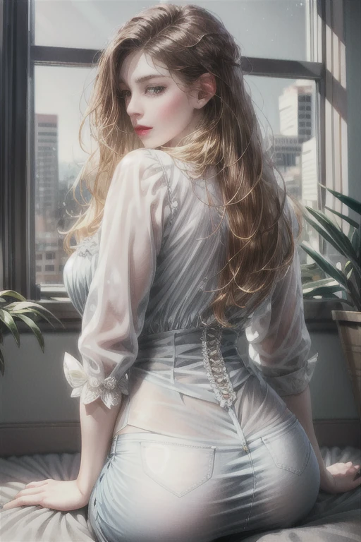 Behind the woman who creates one, there is a window showing various buildings in the city (absurd, high resolution, super detail), lesbian, Jefax employee, office clothes, one with long hair, one with short women, white sheer blouse, no miniskirt, underwear bitten, sexy pose, lower body slender, back figure, gaze is window side, buttocks sticking out, on all fours,