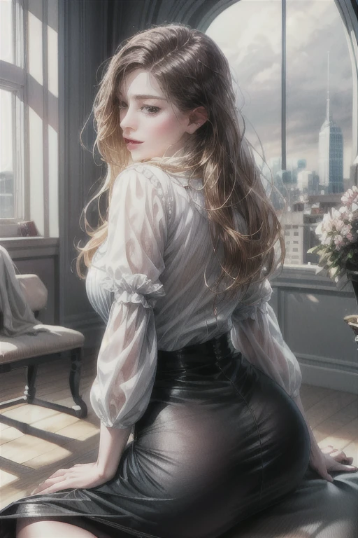Behind the woman who creates one, there is a window showing various buildings in the city (absurd, high resolution, super detail), lesbian, Jefax employee, office clothes, one with long hair, one with short women, white sheer blouse, no miniskirt, underwear bitten, sexy pose, lower body slender, back figure, gaze is window side, buttocks sticking out, on all fours,