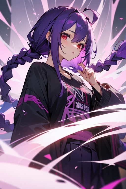 1girl, black lilac hair tied in two braids, red eyes, casual clothes