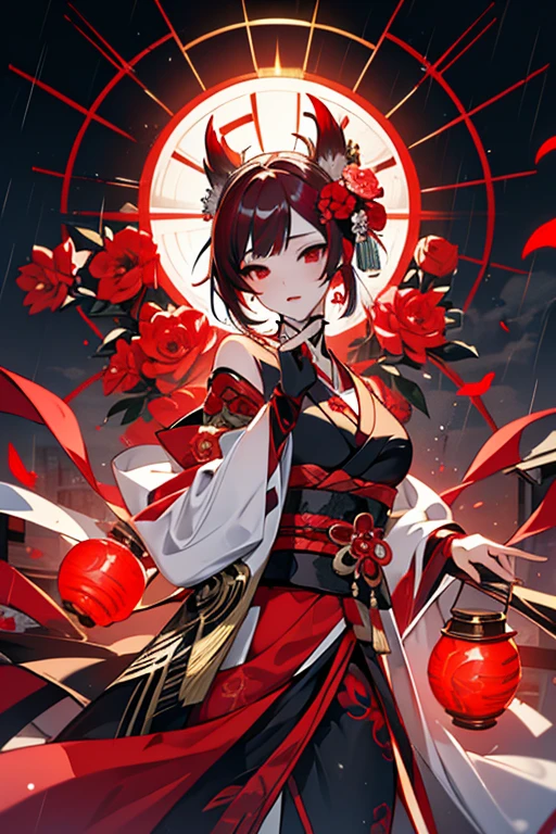1 person female,Masterpiece,detailed body,Detailed facial expressions,Beautiful Face,A profusion of flowers,Flowers falling,Alluring,sex appeal,Japanese style,rain,Red lantern,(Big red full moon),Onmyoji