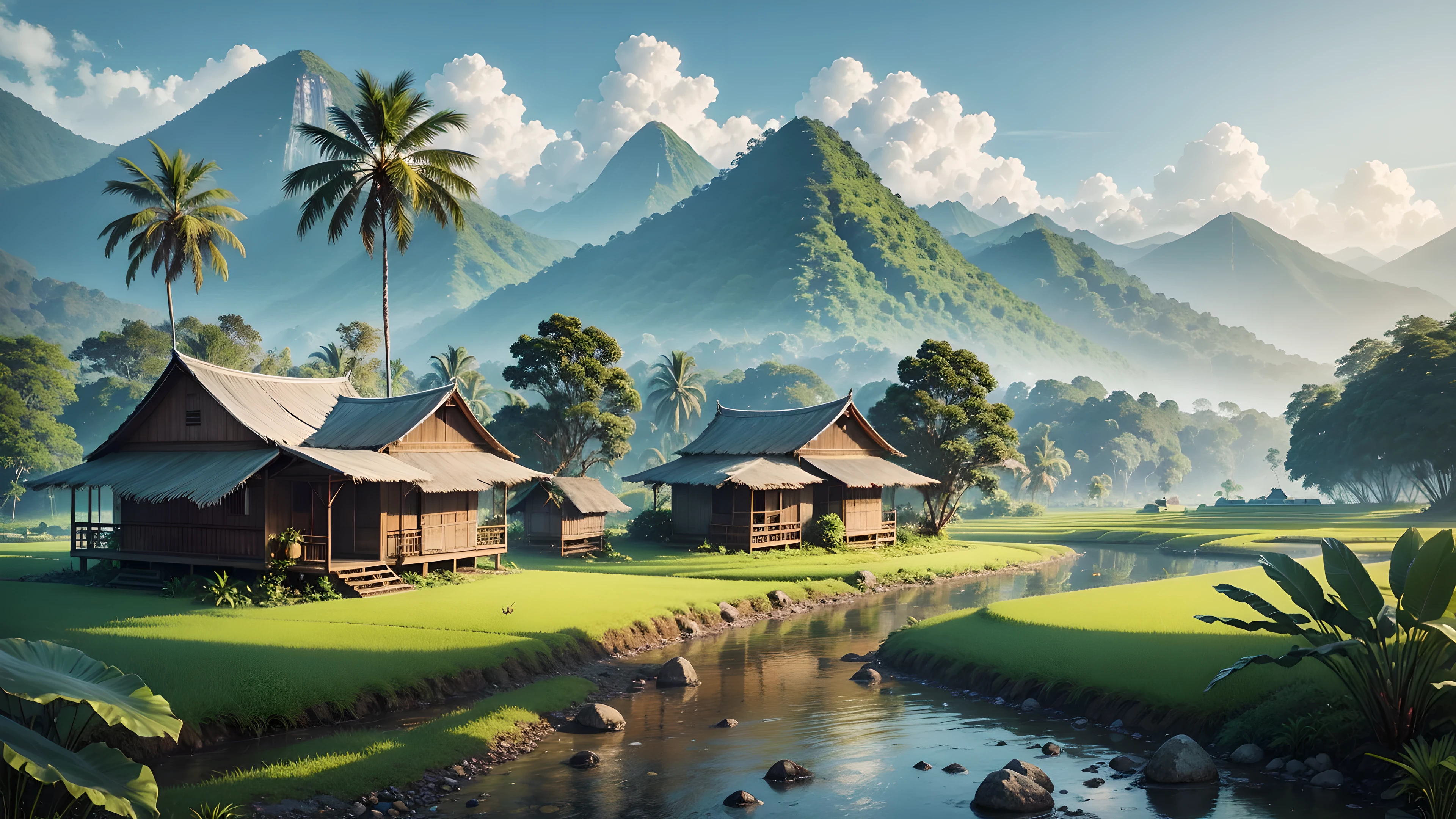 Beautiful rice field painting, Rocky River, banana tree, coconut tree, Wooden house with tin roof, Mountain view, art, Hot Topics in the CG Community, Sumatra, house in forest, son, Tropical Regions, phone wallpaper