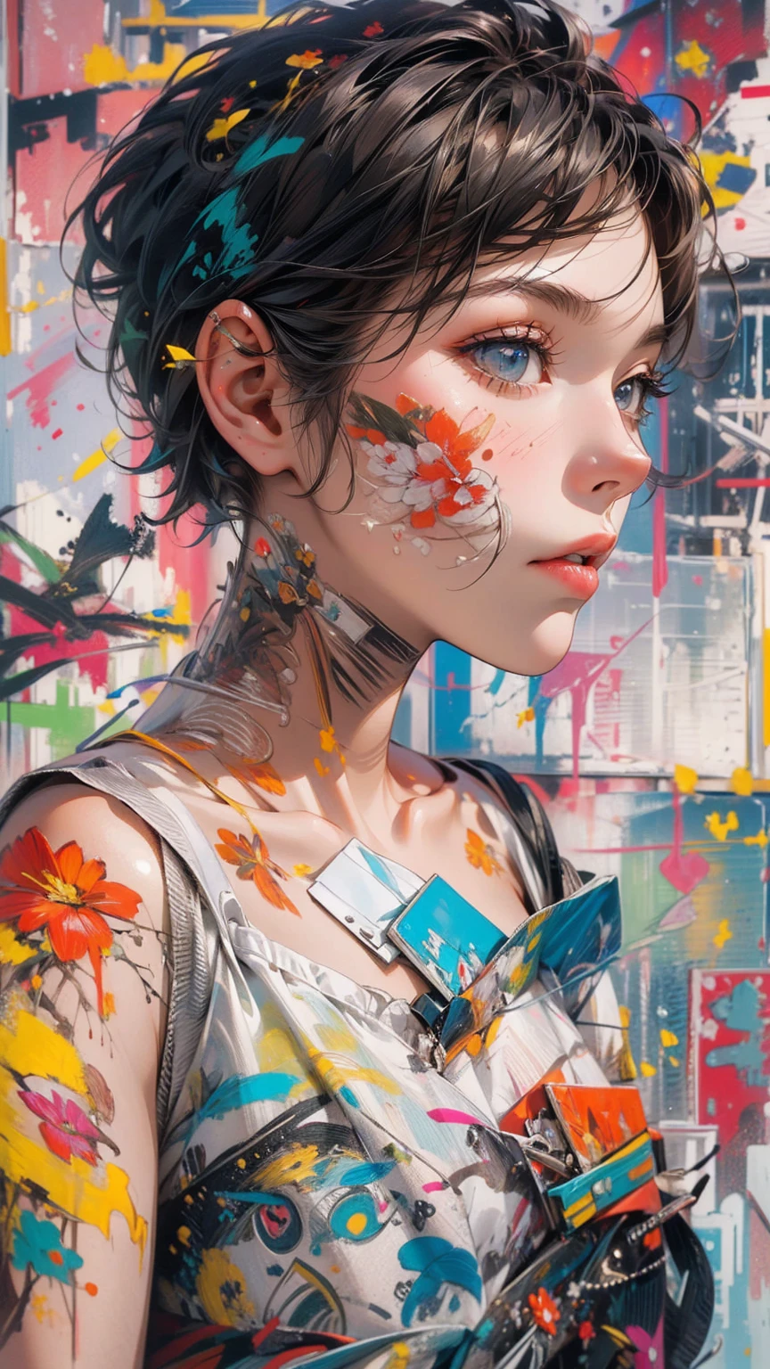 (masterpiece, High resolution, highest quality), Composition from head to thighs:1.3, Upper body focus, 20-year-old woman, Exposed Skin, Asymmetrical short hair, Disorganized, Magazine and paint collage, abstract design, artistic juxtapositions, mixed-media approach, Digital Painting,