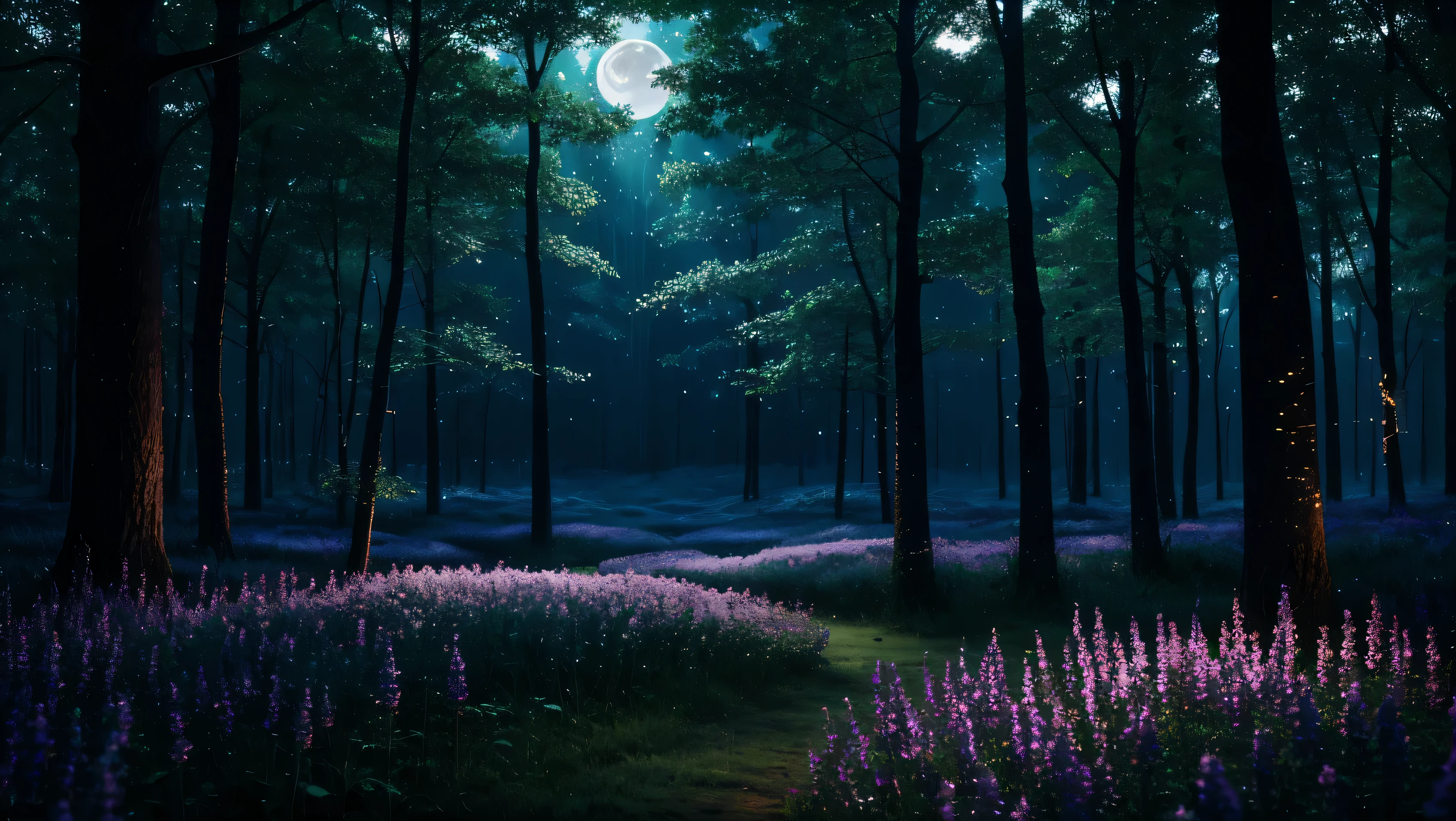 night, moon, A forest where fireflies live, Unusual flowers, pouring light, Light pours down from the sky, Gentle Light, Surrealism, Hyperrealism, cinematic lighting, sparkle, multiple views, UHD, masterpiece, highres