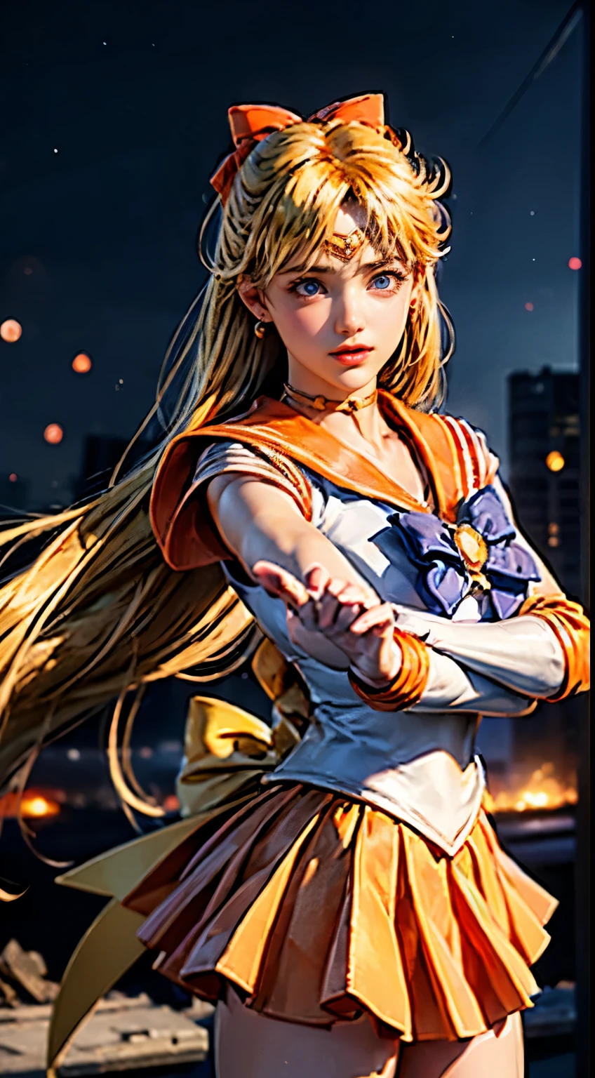 masterpiece, La highest quality, High resolution, Venus 1, One girl, only, (Sailor Warrior Uniforms:1.4), Sailor Venus, aino minako, Blonde, Magical girl, blue eyes, (Orange Skirt:1.4),( Elbow hand pockets), tiara, Pleated skirt, Hair Ribbon, orange sailor necklace, mini skirt, choker, red bow, choker naranja, White gloves, Very long hair,  gem,  Earrings, Cowboy Shot, They're laughing,,More detailed 8K.Unreal Engine:1.4,超High resolution,La highest quality:1.4, Realistic:1.4, Skin Texture:1.4, masterpiece:1.8,masterpiece, highest quality,object object], (detailed facial features:1.3),(fine hands:1.4),(Apocalyptic background of destroyed city:1.4), (Sailor Venus:1.4),Ultramicroscopy