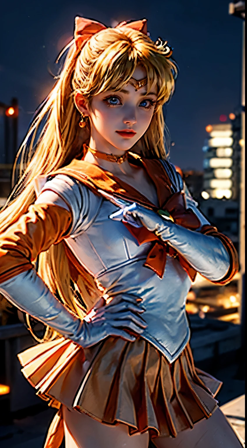 masterpiece, La highest quality, High resolution, Venus 1, One girl, only, (Sailor Warrior Uniforms:1.4), Sailor Venus, aino minako, Blonde, Magical girl, blue eyes, (Orange Skirt:1.4),( Elbow hand pockets), tiara, Pleated skirt, Hair Ribbon, orange sailor necklace, mini skirt, choker, red bow, choker naranja, White gloves, Very long hair,  gem,  Earrings, Cowboy Shot, They're laughing,,More detailed 8K.Unreal Engine:1.4,超High resolution,La highest quality:1.4, Realistic:1.4, Skin Texture:1.4, masterpiece:1.8,masterpiece, highest quality,object object], (detailed facial features:1.3),(fine hands:1.4),(Apocalyptic background of destroyed city:1.4), (Sailor Venus:1.4),Ultramicroscopy