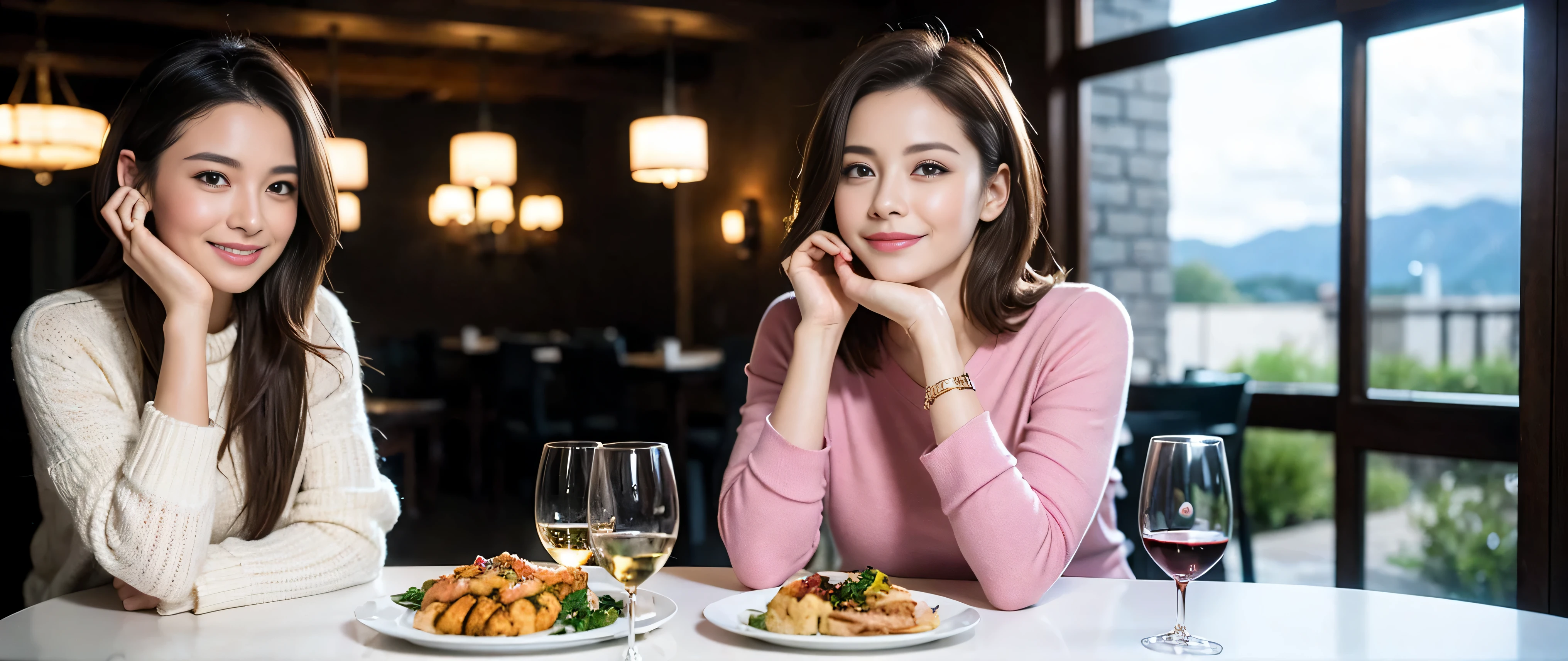 ((highest quality、8k、masterpiece:1.3))、Beautiful woman perfect body:1.4、Slim body、((Bob Hale、Straight hair:1.2))、 Ultra-high resolution, Bright image、2. The beauty of wine, Beautiful Face, blue eyes, Beautiful Eyes, The light shines on your face, Blushing your nose, short hair,Spectacular view of the sunset sky and clouds、Amazing mountain views、A bright smile、A lovely woman with a smile、bright face、Fox face、lady、Champagne、Wine bottle、wine glass、red wine 、Appetizer、Italian food、Two beauties、brown hair、Shortcuts、Long sleeve shirt、Winter Fashion、dress、Wine bottle、sparkling wine、Pretty Woman 1, (slim face), (brown hair), (Shortcuts), cheeks turn a little red, (36 years old), 34 years old, charming beauty、restaurant, Nova Frog Style, actress, model, Upper Body, White wine, slim, wine glass, wine glass placed in the middle, smile, (smile: 1.15), Beautiful Eyes, Strong light and shadow,Moist Body:1.5、Delicate eyes、brown hair、The hair is very shiny、