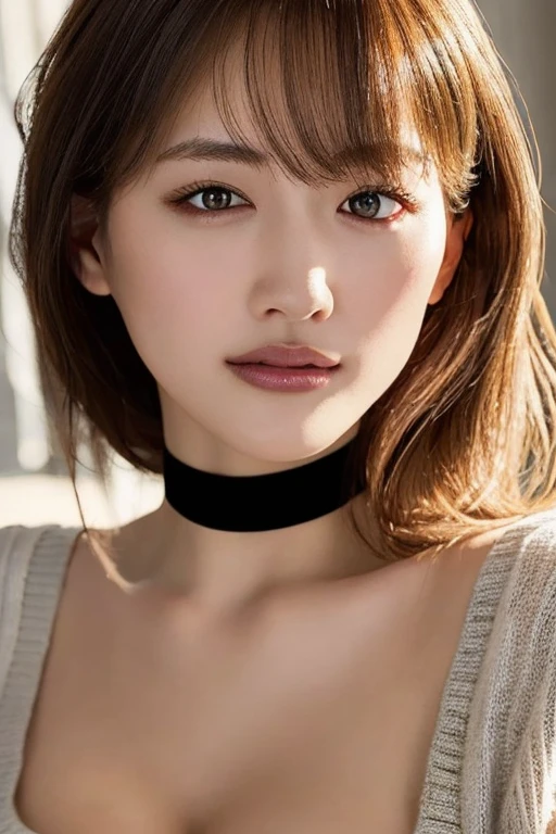 highest quality, masterpiece, Ultra-high resolution, Realistic, 1 girl, Off the shoulder, knit,, Cleavage, Oversized breasts_sweater, Soft lighting, Fine skin, bangs, Blonde Hair, Clear Eyes, Long Hair, Transparency, Japanese, , Beautiful woman, Upper Eye, Lip gloss, black choker, Mole on chest, Eye highlights、Huge Breasts