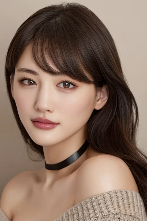 highest quality, masterpiece, Ultra-high resolution, Realistic, 1 girl, Off the shoulder, knit,, Cleavage, Oversized breasts_sweater, Soft lighting, Fine skin, bangs, Blonde Hair, Clear Eyes, Long Hair, Transparency, Japanese, , Beautiful woman, Upper Eye, Lip gloss, black choker, Mole on chest, Eye highlights、Huge Breasts