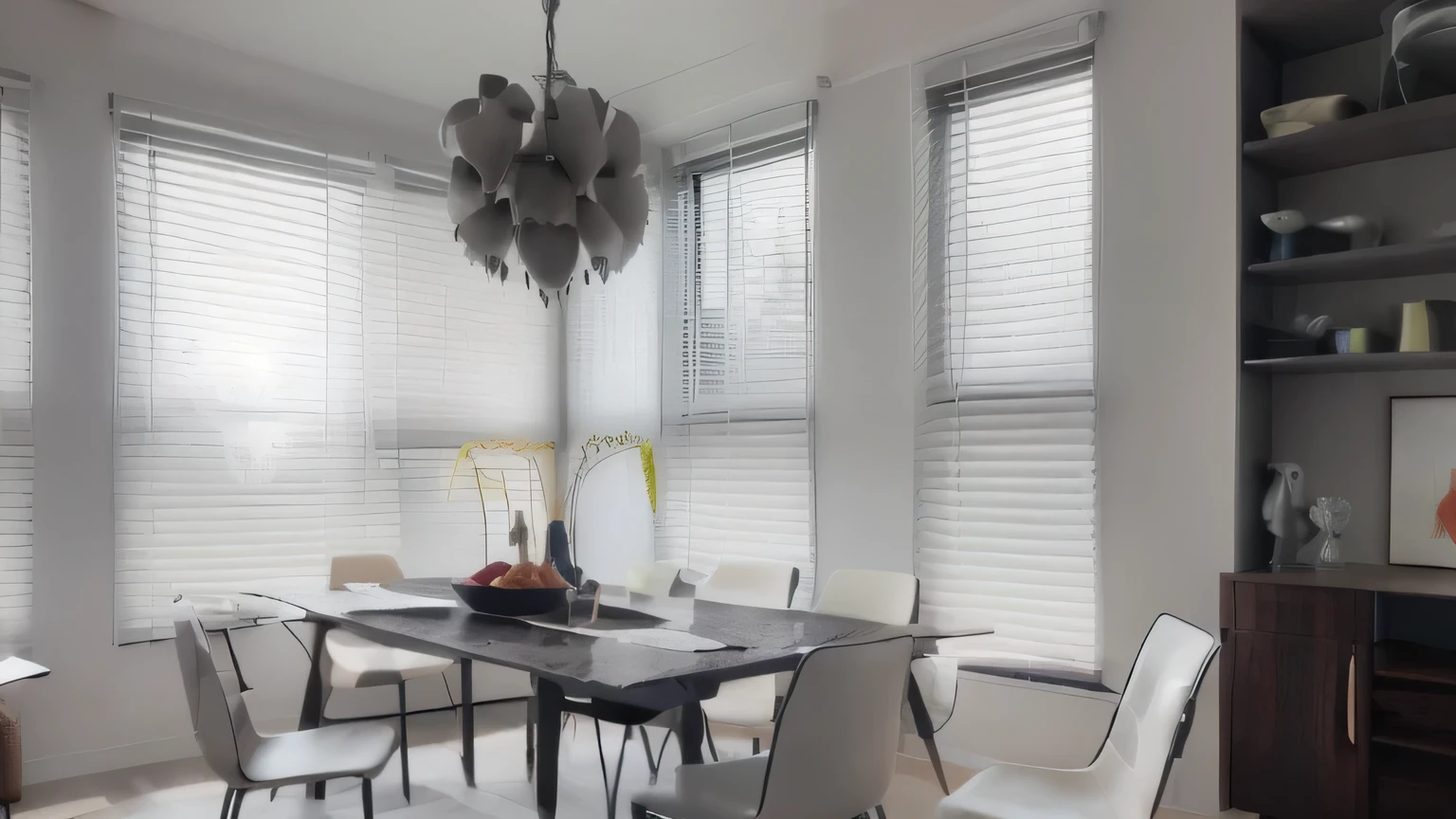 (masterpiece, best quality, illustration,8K), window blinds, (gray), gray wooden blinds, straight blinds, beautiful, (dining room), Modern Interior Design, scenery, no humans,