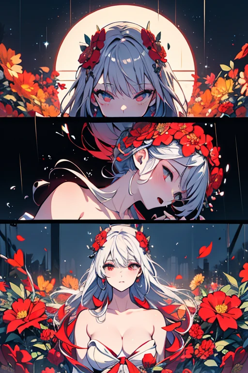 Masterpiece,detailed body,Detailed facial expressions,Beautiful Face,A profusion of flowers,Flowers falling,Alluring,sex appeal,Half naked,Japanese style,Beauty,rain,(Big red full moon),