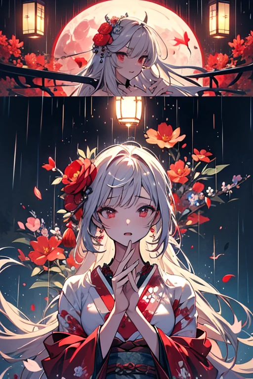 Masterpiece,detailed body,Detailed facial expressions,Beautiful Face,A profusion of flowers,Flowers falling,Alluring,sex appeal,Half naked,Japanese style,Beauty,rain,(Big red full moon),