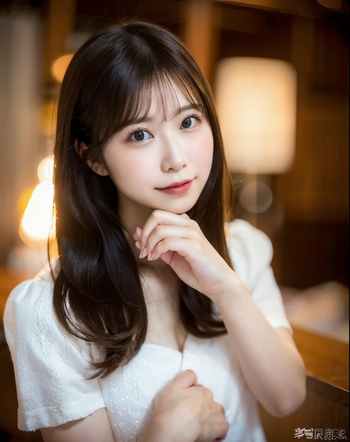 highest quality, Face focus, Soft Light, Ultra-high resolution, (Realistic:1.4), Raw photo,
1 Japanese girl, alone, cute, (pupil, There&#39;s light in your eyes),  Detailed beautiful face, (small box),(High resolution detail of human skin texture),
(Long Hair),
indoor,
Damask shirt dress,
(Portraiture)