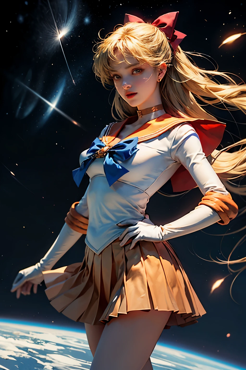 masterpiece, highest quality, High resolution, SV1, One girl, alone, Sailor Warrior Uniforms, Sailor Venus, Blonde, Magical girl, (blue eyes:0.8), Orange Skirt, Elbow hand pockets, tiara, Pleated skirt, hair bow, Orange sailor collar, mini skirt, choker, red bow, orange choker, White gloves, Very long hair, jewelry, Earrings, close, whole body, Dynamic posture, space background, shooting star, Strong light,