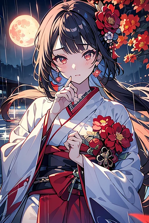 1 person female,Masterpiece,detailed body,Detailed facial expressions,Beautiful Face,A profusion of flowers,Flowers falling,Alluring,sex appeal,Japanese style,rain,(Big red full moon)
