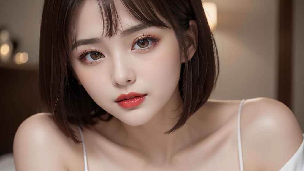 (highest quality、Tabletop、8k、Best image quality、Award-winning works)、(one girl, :1.3)、(Perfect V-neck long knit red sweater:1.2)、(Red eyeshadow:1.2)、Perfect Makeup、Long eyelashes、Ultra-high definition sparkling eyes、Ultra HD Hair、Ultra High Resolution Glossy Lips、Ultra High Resolution Perfect Teeth、Ultra HD cute face、brown hair、(Very short straight hair:1.1)、look at me and smile、[clavicle]、Accurate anatomy、(Face close-up:1.5)、Luxury Love Hotel、(The most atmospheric and warm lighting:1.2)、blurred background、With bangs、Ultra-high-definition, shiny, moisturized face、Super high resolution glowing skin、most detailed face、Super high resolution detailed faces、ultra high resolution hair、Ultra-high resolution sparkling eyes、Beautiful face drawn in every detail、Ultra high resolution glossy red lips、Big Breasts、Cleavage