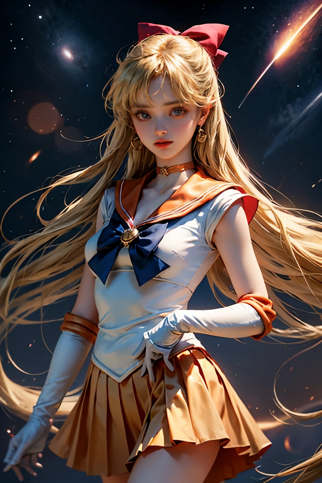 masterpiece, highest quality, High resolution, SV1, One girl, alone, Sailor Warrior Uniforms, Sailor Venus, Blonde, Magical girl, (blue eyes:0.8), Orange Skirt, Elbow hand pockets, tiara, Pleated skirt, hair bow, Orange sailor collar, mini skirt, choker, red bow, orange choker, White gloves, Very long hair, jewelry, Earrings, close, whole body, Dynamic posture, space background, shooting star, Strong light,