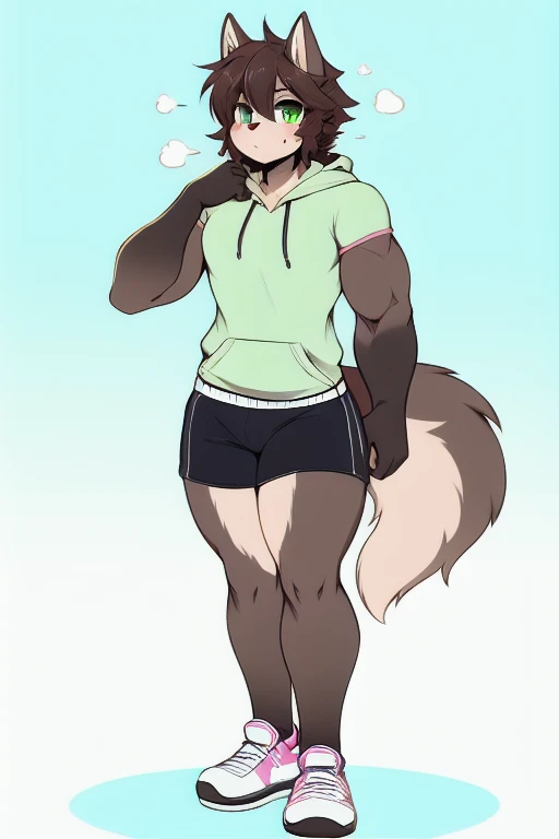 Furry, anthropomorphic wolf, Russet brown fur, dark brown hair, dark sap green eyes, 6'1 and 173 lbs, 41" Chest, 19" Shoulders, 13" Biceps, 32" waist, 23" Thighs, 15" Calves, 19" Back, wearing lime green hoody, zipper on hoody, wearing gray-green T-shirt, wearing Grayish-green sweat shorts, wearing dark slate gray slip on shoes, soft colors, vivid colors, pastel colors, soft shading