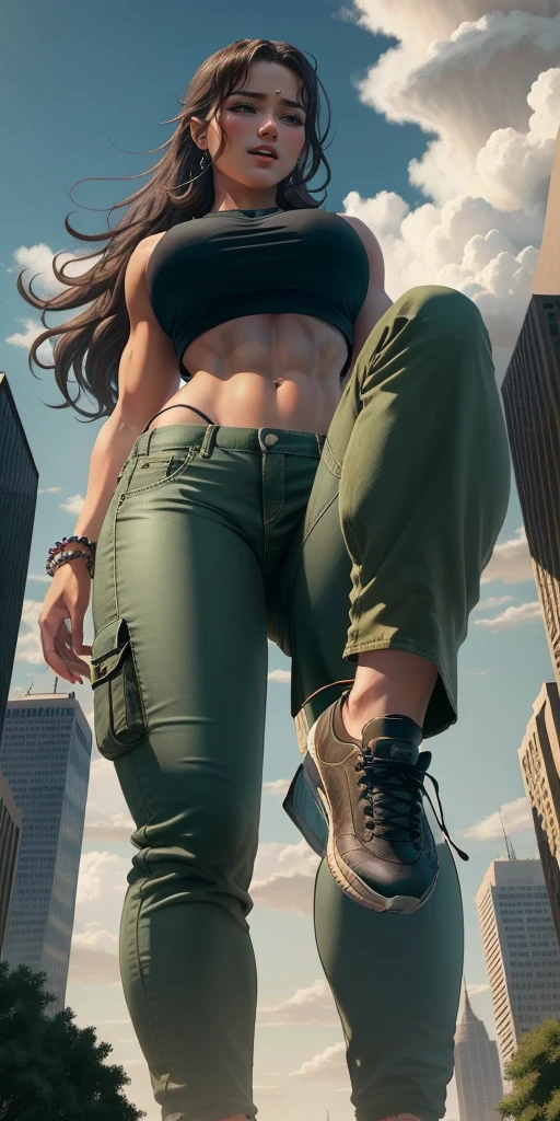 "A towering Giantess in a cool and laid-back hippie style is rocking a crop top and baggy pants. Her toned and athletic build hints at her massive strength. She seems to be casually strolling through the bustling cityscape of GTS City, as towering buildings loom overhead. Smoke and clouds roil around her, adding to the sense of epic scale and drama. The lighting is dark, gloomy, and realistic, creating a tense and ominous atmosphere. The perspective is from below, emphasizing the sheer majesty and power of the Giantess."