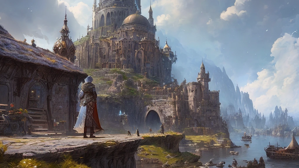 "(by Greg Rutkowski: 1.2), (masterpiece), ((best quality)), extremely delicate and beautiful, illustration, dynamic lighting, (fantasy landscape), A mesmerizing fantasy landscape with enchanting elements blending seamlessly. ((Hero arriving on a ship in a medieval coastal city (Neverwinter) to begin his adventure)), A sense of tranquility and wonder fills the air, inviting exploration and discovery. Providing a distant view that captures the grandeur and atmosphere. From Brian Froud and Carne Griffiths and Wadim Kashin and John William Waterhouse, 8K post-production, high resolution, ((highly detailed)), depth of field, HDR, intricate"