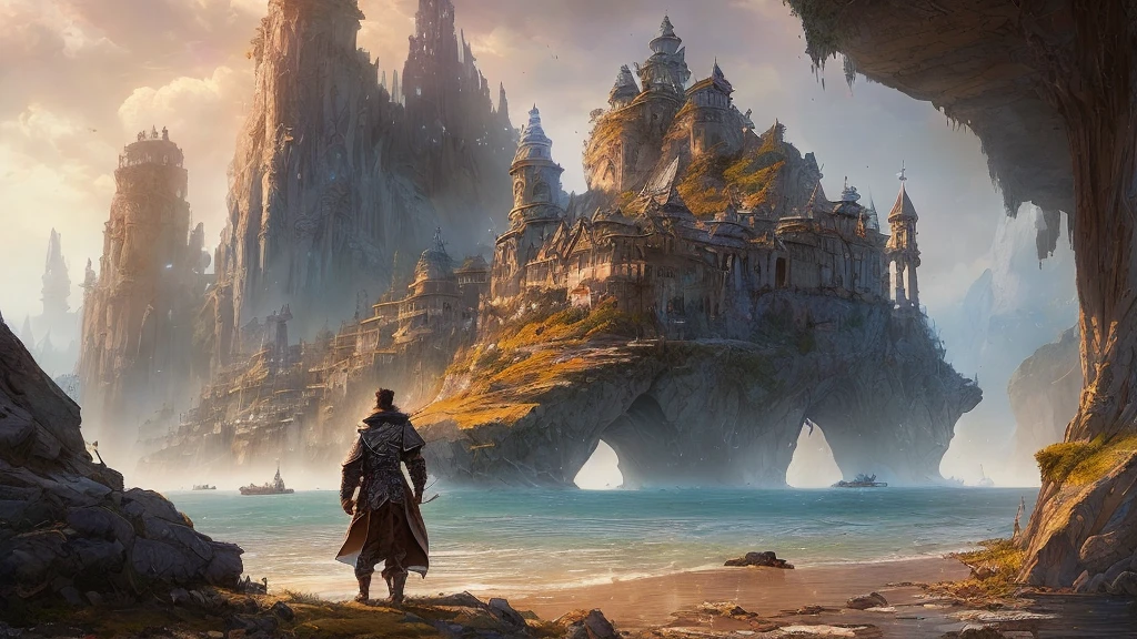 "(by Greg Rutkowski: 1.2), (masterpiece), ((best quality)), extremely delicate and beautiful, illustration, dynamic lighting, (fantasy landscape), A mesmerizing fantasy landscape with enchanting elements blending seamlessly. ((Hero arriving on a ship in a medieval coastal city (Neverwinter) to begin his adventure)), A sense of tranquility and wonder fills the air, inviting exploration and discovery. Providing a distant view that captures the grandeur and atmosphere. From Brian Froud and Carne Griffiths and Wadim Kashin and John William Waterhouse, 8K post-production, high resolution, ((highly detailed)), depth of field, HDR, intricate"