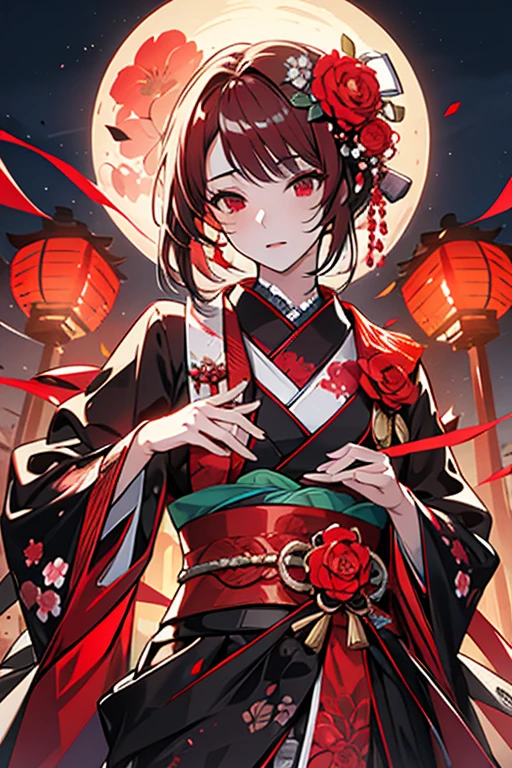 1 person female,Masterpiece,detailed body,Detailed facial expressions,Beautiful Face,A profusion of flowers,Flowers falling,Alluring,sex appeal,Japanese style,Red lantern,(Big red full moon)