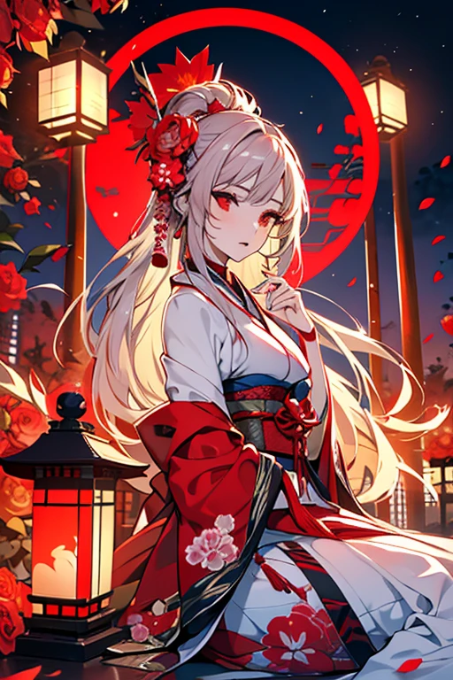 1 person female,Masterpiece,detailed body,Detailed facial expressions,Beautiful Face,A profusion of flowers,Flowers falling,Alluring,sex appeal,Japanese style,Red lantern,(Big red full moon)