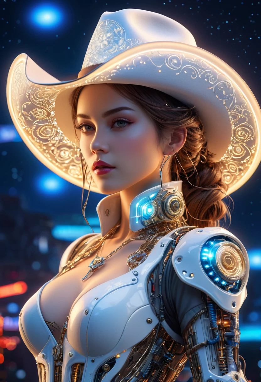 Complex 3D rendering ,Beautiful porcelain contoured mechanical Cowboy, cyborg, integrated circuit parts, Cowboy hat, rim light, Vibrant details, Luxury Cyberpunk, lace, hyperactual, anatomical, cable wires, microchip, elegant, beautiful Starry Sky background, octane rendering, H. r. Fixture style, 8k, best quality, masterpiece, illustration, extremely delicate and beautiful, Very detailed ,CG ,unity ,wallpaper, (actual, photo-actual:1.37),amazing, Exquisite details, Silver ead