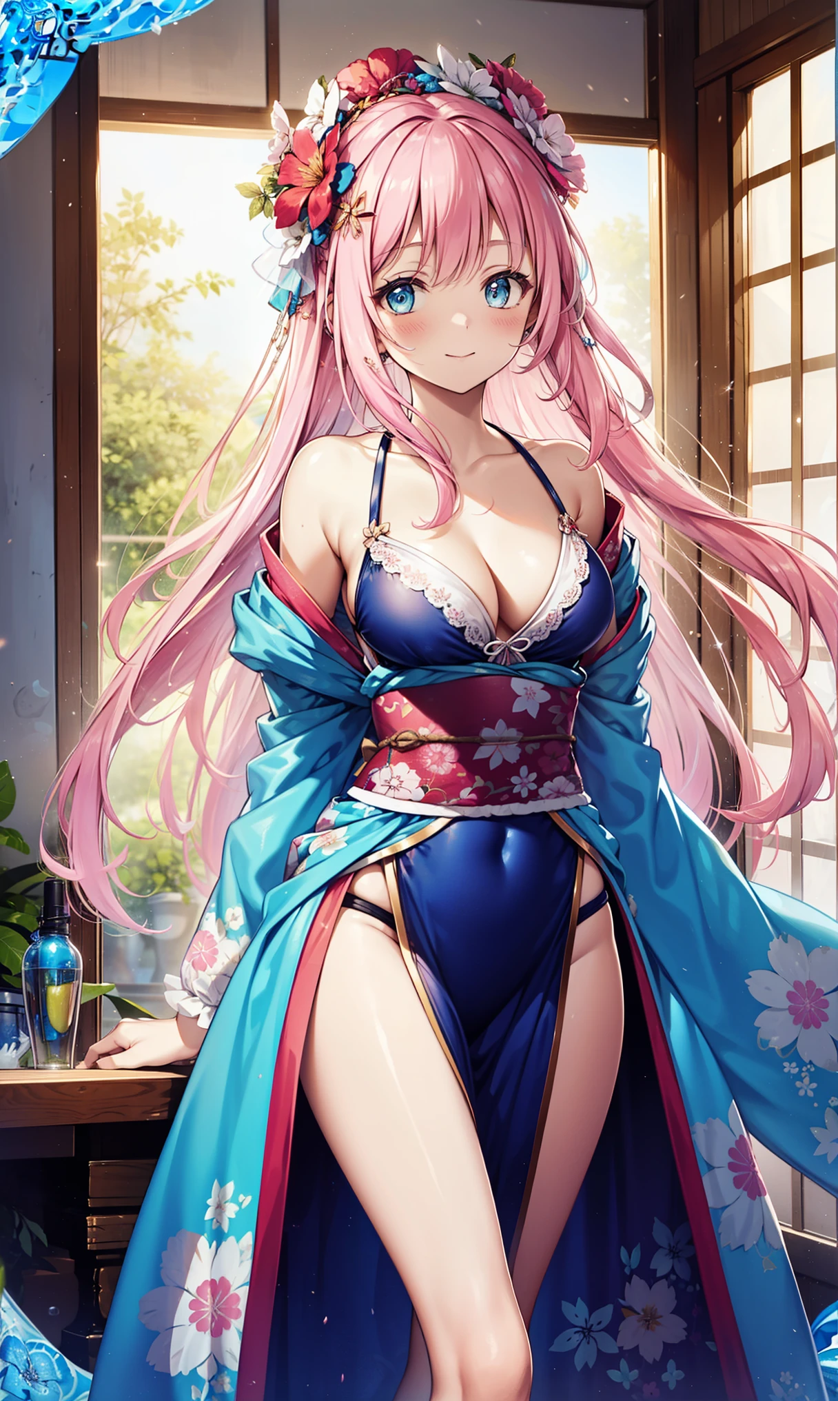 best quality,a beautiful girl,Obsessed,Holy,having fun,(Swimwear with Kimono),Pink hair,blue eyes,(Fabric headwear),Super super details,Ruffles,Lace,multicolor cloth,embroidery,pattern,Deco,(exquisite clothing),See-through clothing,bedroom,night,shine,soft cloth,(dazzle),(Beautiful and delicate face),Movie Lighting,The only person,Fluttering skirts,