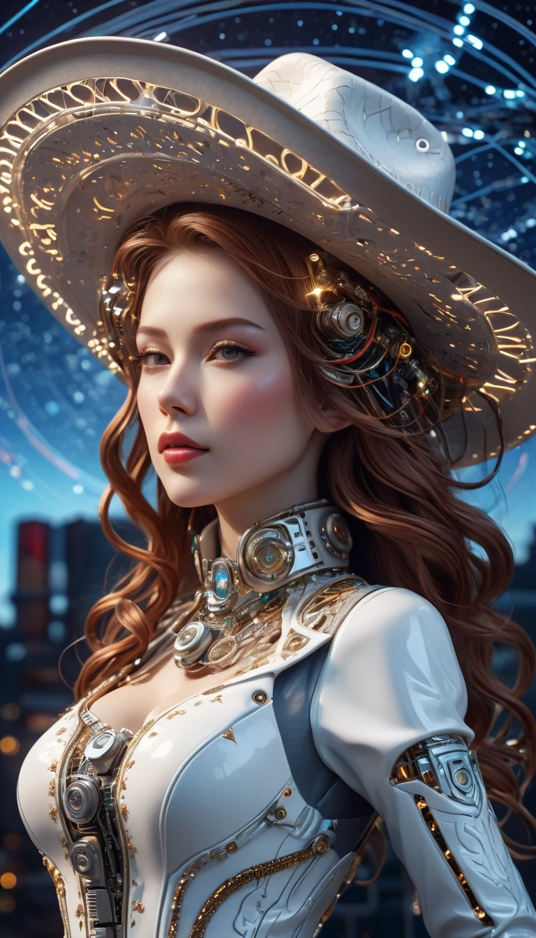 Complex 3D rendering ,Beautiful porcelain contoured mechanical Cowboy, cyborg, integrated circuit parts, Cowboy hat, rim light, Vibrant details, Luxury Cyberpunk, lace, hyperactual, anatomical, cable wires, microchip, elegant, beautiful Starry Sky background, octane rendering, H. r. Fixture style, 8k, best quality, masterpiece, illustration, extremely delicate and beautiful, Very detailed ,CG ,unity ,wallpaper, (actual, photo-actual:1.37),amazing, Exquisite details, Silver ead