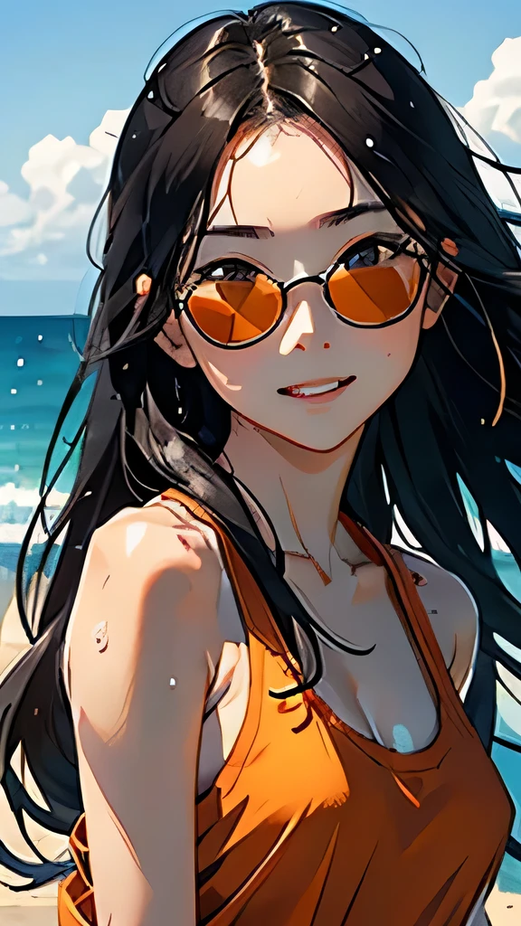 highest quality、Realistic、Japanese、Women、cute、Orange eyes、long hair、Black Hair、all back、Forehead is coming out、Strong winds、Ocean、Midsummer、Strong sunlight、Sweat、Sunburned skin、orange tank top、Lens Sunglasses、joy、Grinning、face close up、Small breasts、slender