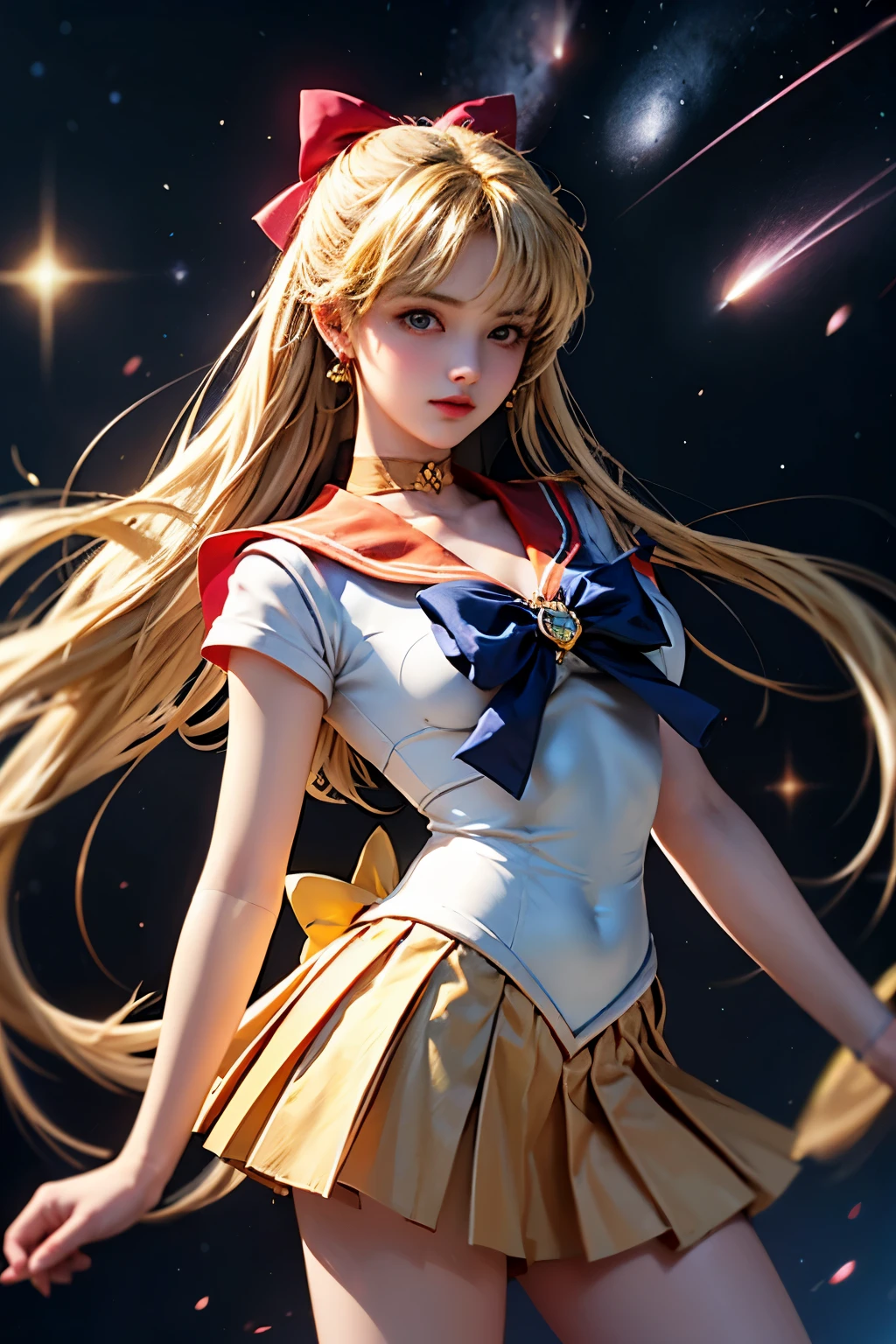 masterpiece, highest quality, High resolution, SV1, One girl, alone, Sailor Warrior Uniforms, Sailor Venus, Blonde, Magical girl, (blue eyes:0.8), Orange Skirt, Elbow hand pockets, tiara, Pleated skirt, hair bow, Orange sailor collar, mini skirt, choker, red bow, orange choker, White gloves, Very long hair, jewelry, Earrings, close, whole body, Dynamic posture, space background, shooting star, Strong light,
