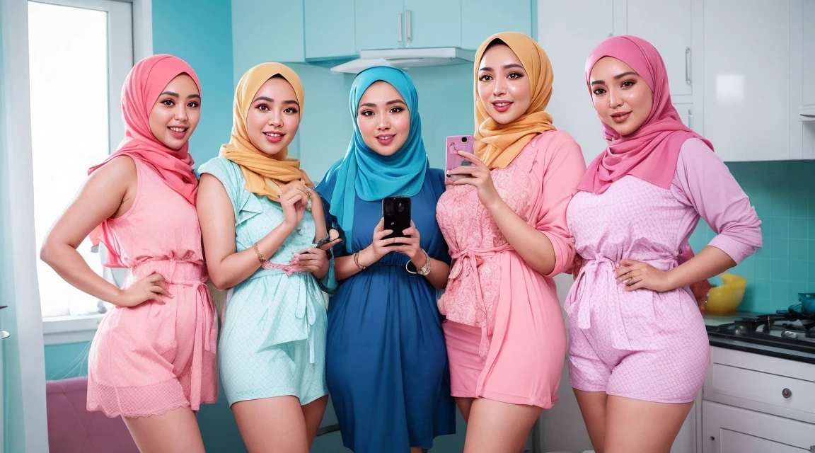 4 beautiful malay girl in pastel color hijab taking picture in modern kitchen, wear bright color lingerie, friendly and laughing situation, laughing, happy, luxurious bedroom hotel, detailed skin texture, soft lighting, pastel color theme,8mm, full body shot, cool-toned color grading, depth of field, film noir, high quality, ultra detail, 8k resolution,