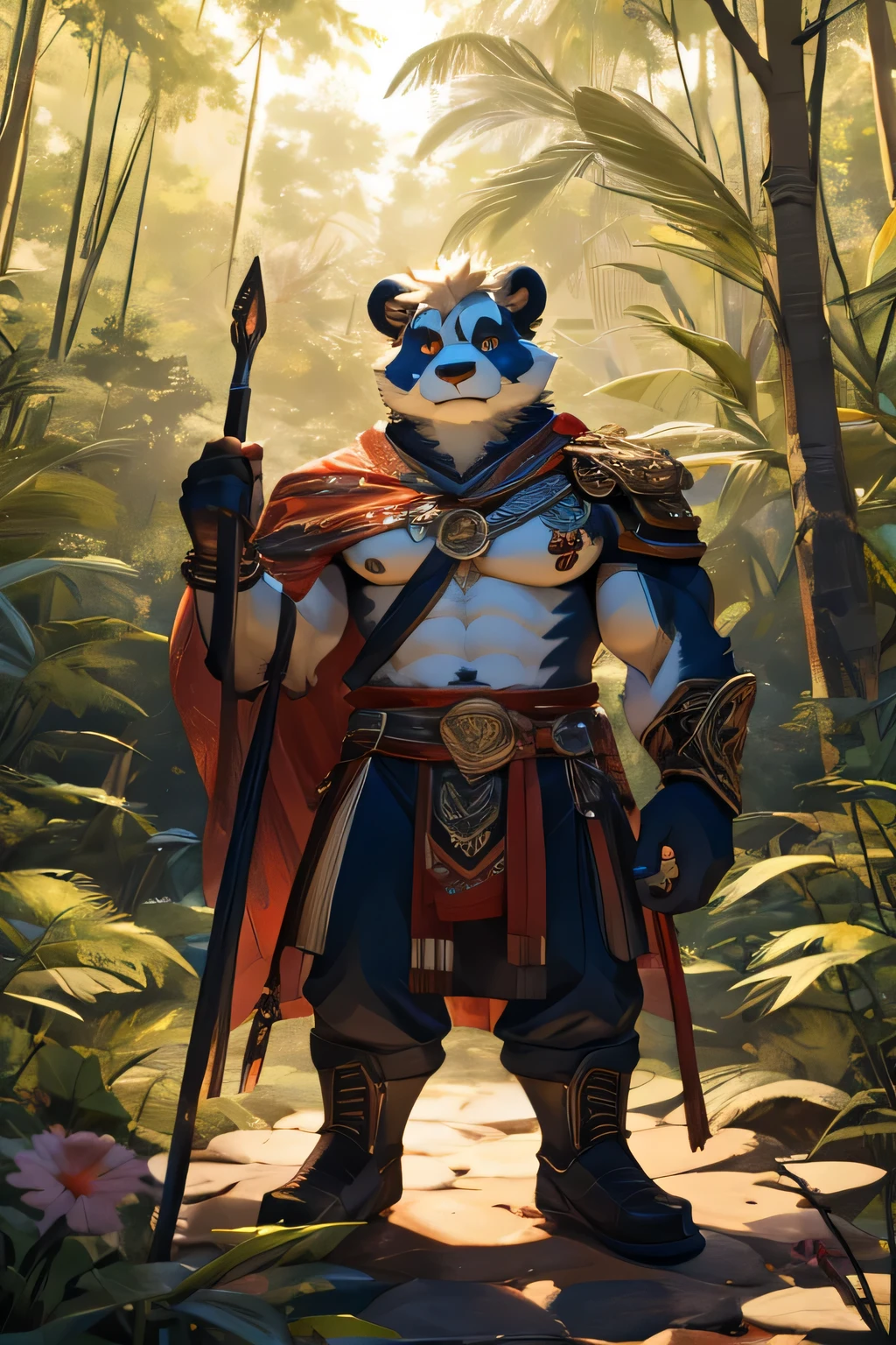 A strong, muscular panda anthropomorph with piercing red left eye and vibrant blue right eye, detailed fur, defined muscles, powerful stance, in a lush bamboo forest, with sunlight gently filtering through the leaves, creating a warm and serene atmosphere. (best quality,ultra-detailed,physically-based rendering), (portrait,concept artist), (vivid colors,harmonious color palette), (soft, diffused lighting).