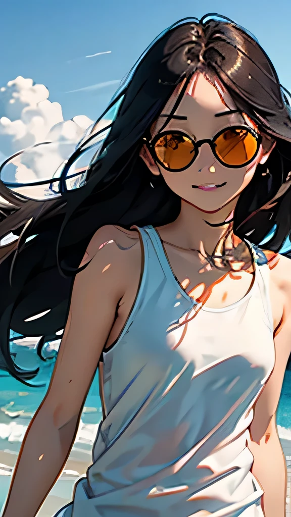 highest quality、Realistic、Japanese、Women、cute、Orange eyes、long hair、Black Hair、all back、Forehead is coming out、Strong winds、Ocean、Midsummer、Strong sunlight、Sweat、Sunburned skin、orange tank top、Lens Sunglasses、joy、Grinning、face close up、Small breasts、slender