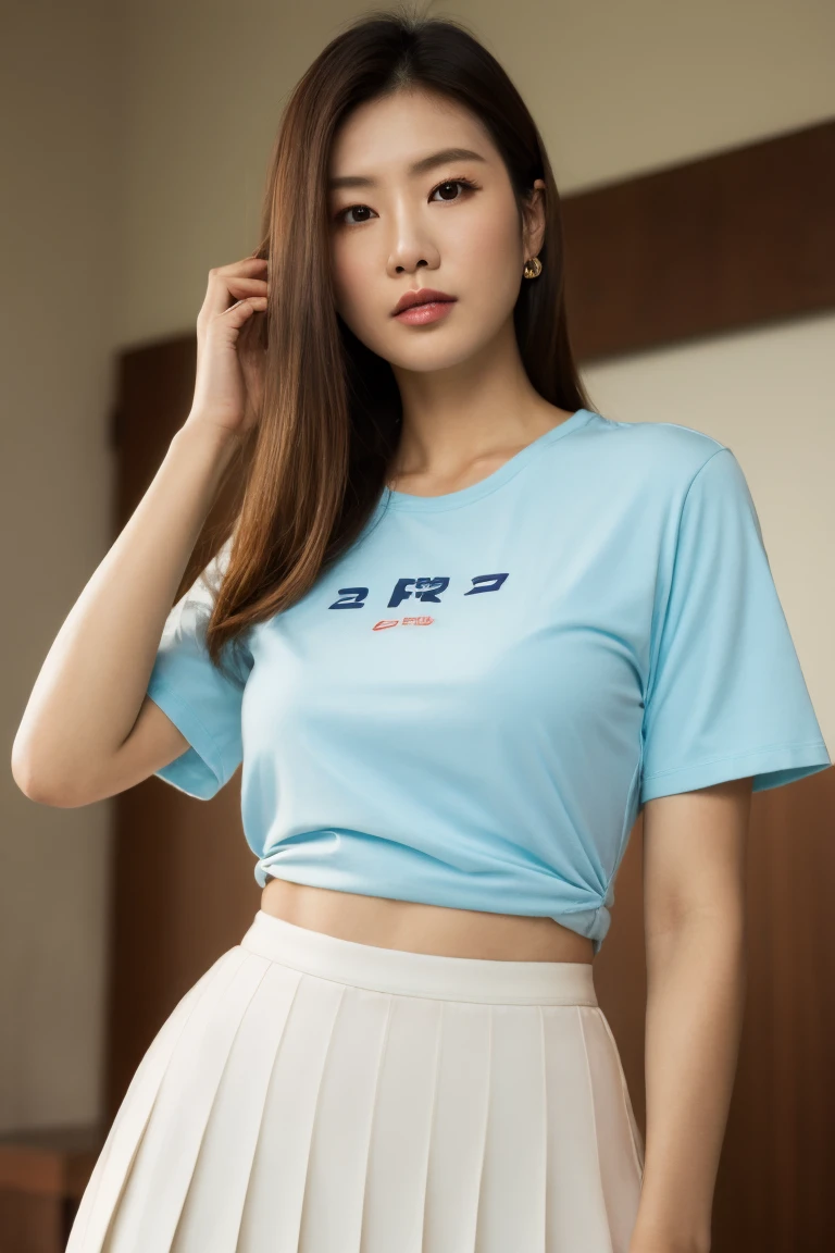 40-year-old Taiwanese woman,Height 175 cm,single eyelid,Round Face,Brown short hair,White tight T-shirt,Large sagging breasts,,Pleated Skirt , Practical,Cinematic feel,Upper body close-up,Raw, best quality,best light