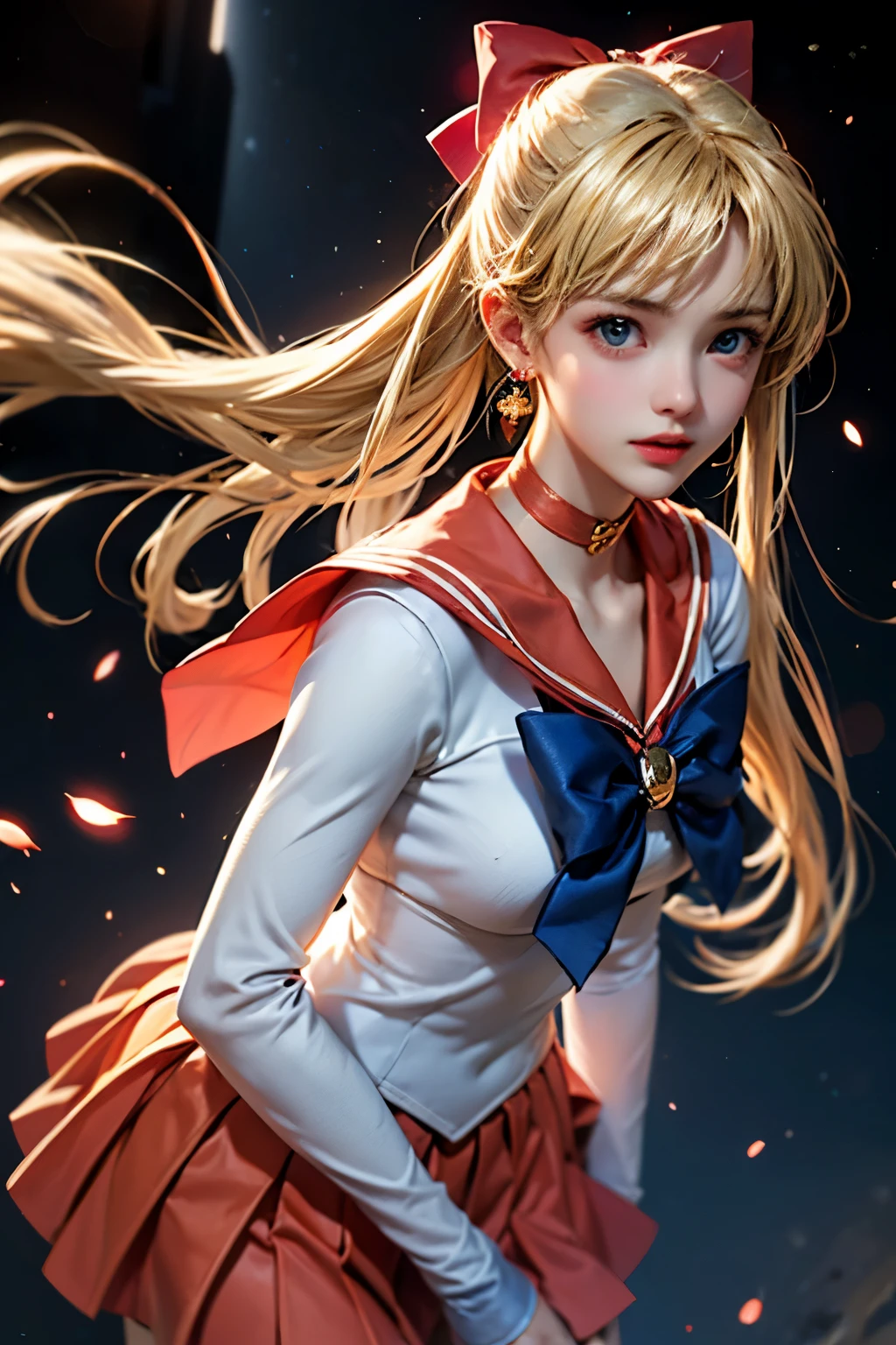 masterpiece, highest quality, High resolution, SV1, One girl, alone, Sailor Warrior Uniforms, Sailor Venus, Blonde, Magical girl, (blue eyes:0.8), Orange Skirt, Elbow hand pockets, tiara, Pleated skirt, hair bow, Orange sailor collar, mini skirt, choker, red bow, orange choker, White gloves, Very long hair, jewelry, Earrings, close, whole body, Dynamic posture, space background, shooting star, Strong light,