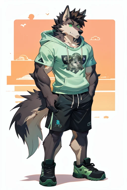 Furry, anthropomorphic wolf, Russet brown fur, dark brown hair, dark sap green eyes, 6'1 and 173 lbs, 41" Chest, 19" Shoulders, 13" Biceps, 32" waist, 23" Thighs, 15" Calves, 19" Back, wearing lime green hoody, zipper on hoody, wearing gray-green T-shirt, wearing Grayish-green sweat shorts, wearing dark slate gray slip on shoes, soft colors, vivid colors, pastel colors, soft shading 