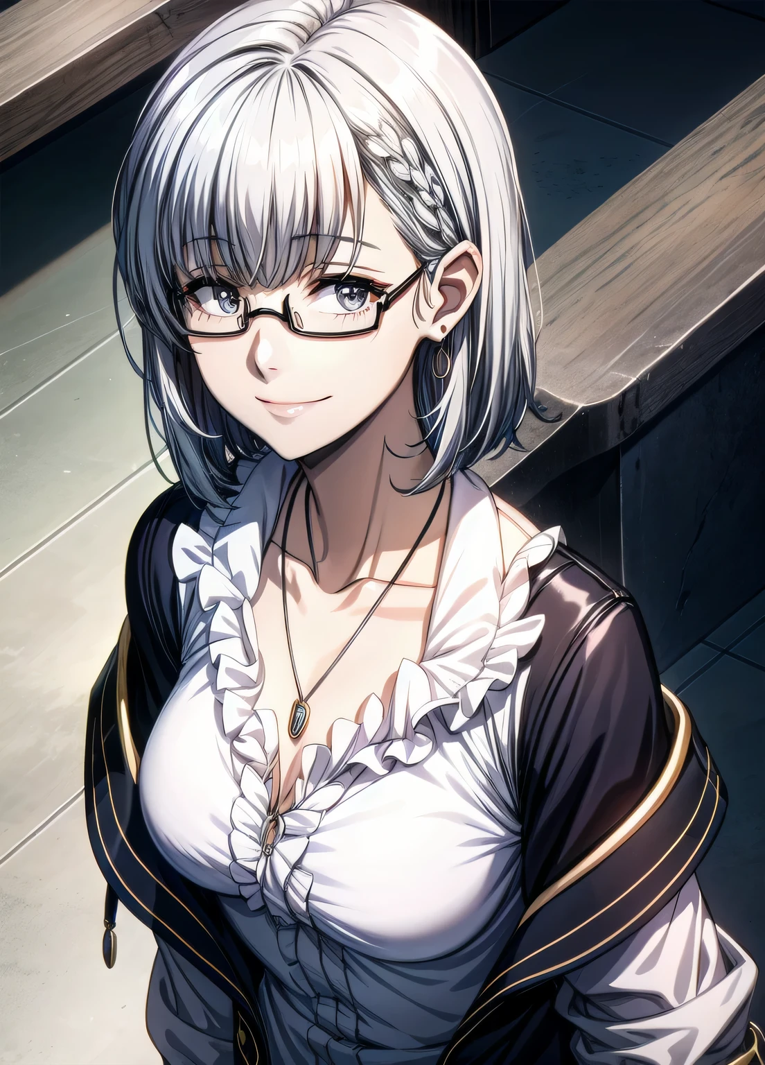 1girl, alternate_costume, bespectacled, closed_mouth, collarbone, glasses, jewelry, necklace, pendant, semi-rimless_eyewear, short_hair, silver_hair, smile, solo, under-rim_eyewear, upper_body,
