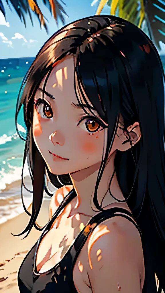 highest quality、Realistic、Japanese、Women、cute、Orange eyes、long hair、Black Hair、all back、Forehead is coming out、Strong winds、Ocean、Midsummer、Strong sunlight、Sweat、Sunburned skin、orange tank top、Lens Sunglasses、joy、Grinning、face close up、Small breasts、slender