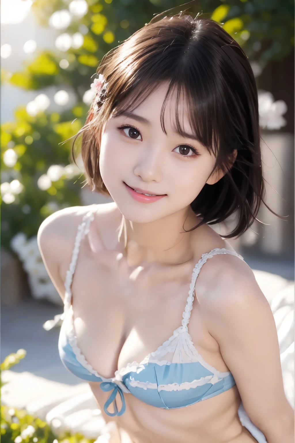 (((masterpiece))), (((Full body photo)))，(Beautiful girl, innocence，cute) ，Ultra-high resolution, reality, Very detailed, 8k,highest quality, Very detailed, blurred background,thin，Small breasts，(Very beautiful Japanese girl, Detailed face:1.3), (Short black hair :1.4), (，cute type,adorable girl), (Perfect body:1.1),((white micro bikini))、A rosy cheeky smile,非常にDetailed face、Detailed Lipinae Eyes、Sparkling eyes，small gravure idol，transparent skin、Lolita，Photorealistic:1.37、Bright sunny day、Crystal blue ocean、Shining Sun、Sparkling reflection of wave front、Cold sea breeze、Underwater