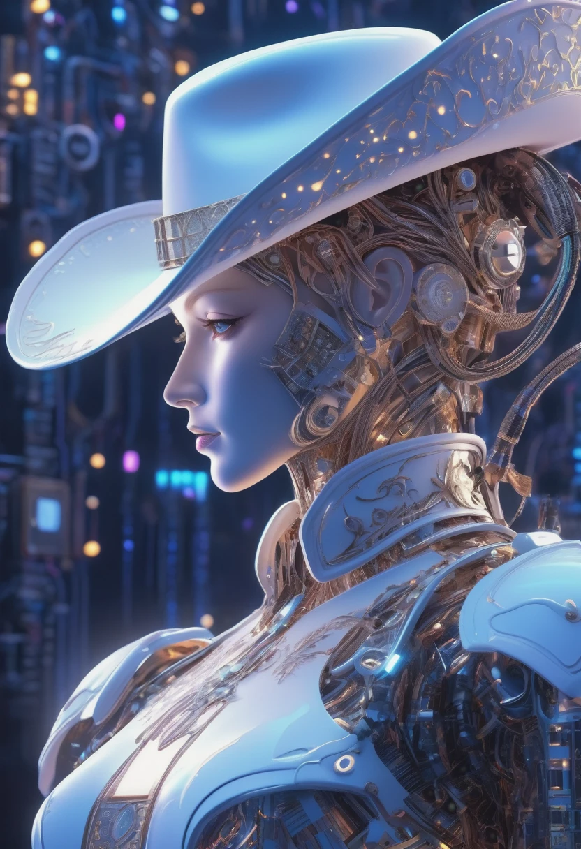 Complex 3D rendering ,Beautiful porcelain contoured mechanical Cowboy, cyborg, integrated circuit parts, Cowboy hat, rim light, Vibrant details, Luxury Cyberpunk, lace, hyperactual, anatomical, cable wires, microchip, elegant, beautiful Starry Sky background, octane rendering, H. r. Fixture style, 8k, best quality, masterpiece, illustration, extremely delicate and beautiful, Very detailed ,CG ,unity ,wallpaper, (actual, photo-actual:1.37),amazing, Exquisite details, Silver ead