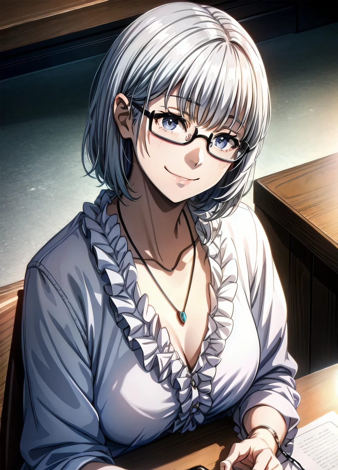 1girl, alternate_costume, bespectacled, closed_mouth, collarbone, glasses, jewelry, necklace, pendant, semi-rimless_eyewear, short_hair, silver_hair, smile, solo, under-rim_eyewear, upper_body,
