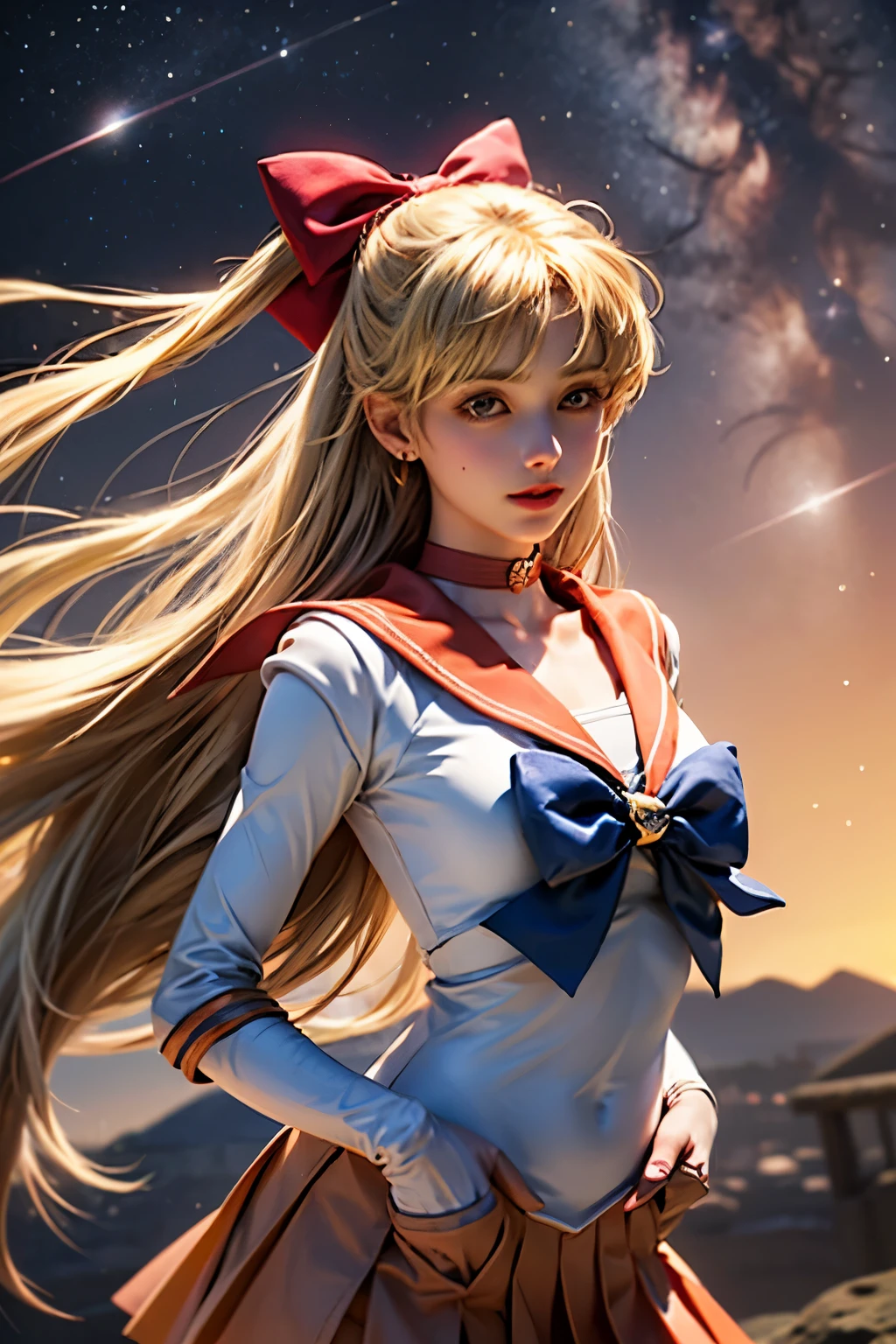 masterpiece, highest quality, High resolution, SV1, One girl, alone, Sailor Warrior Uniforms, Sailor Venus, Blonde, Magical girl, (blue eyes:0.8), Orange Skirt, Elbow hand pockets, tiara, Pleated skirt, hair bow, Orange sailor collar, mini skirt, choker, red bow, orange choker, White gloves, Very long hair, jewelry, Earrings, close, whole body, Dynamic posture, space background, shooting star, Strong light,