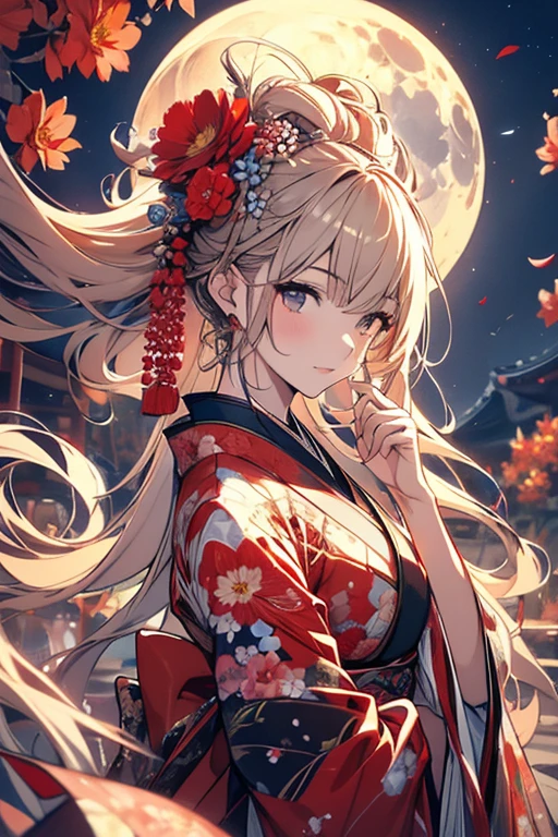 1 person female,Masterpiece,detailed body,Detailed facial expressions,Beautiful Face,A profusion of flowers,Flowers falling,Alluring,sex appeal,Japanese style,(Big red full moon)